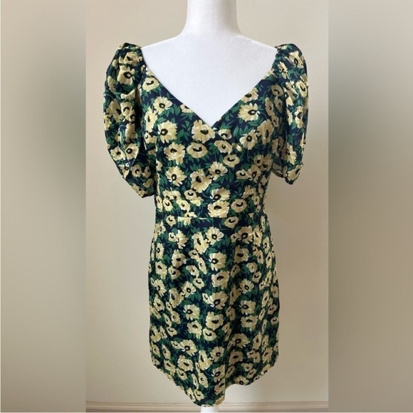Lulu's Floral Inclusive Sunflower Navy Blue Yellow Puff Sleeve Mini Dress - Picture 1 of 12